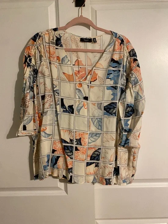 Rafaella Cream Blouse with Blue and Orange Floral Grid - Picture 1 of 3